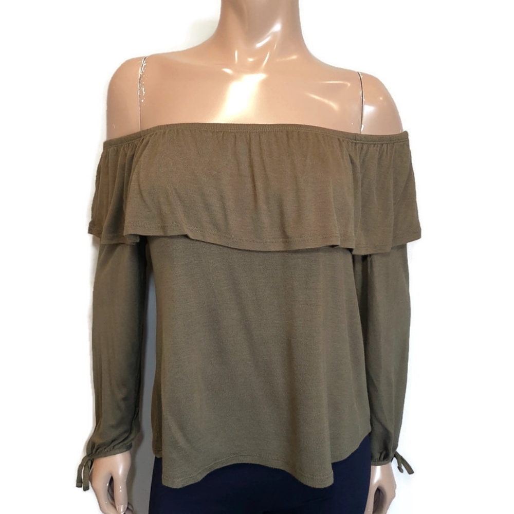 BLUENOTES Off Shoulder Ruffled Flounce Top Tie Sleeve Olive Green